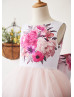Printed Satin Pink Tulle V Back Ankle Length Flower Girl Dress